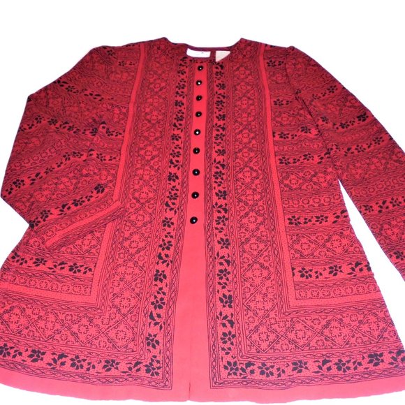 Blouse Long Seeve red black Button-down dressy shirt top wear to work - Picture 1 of 11